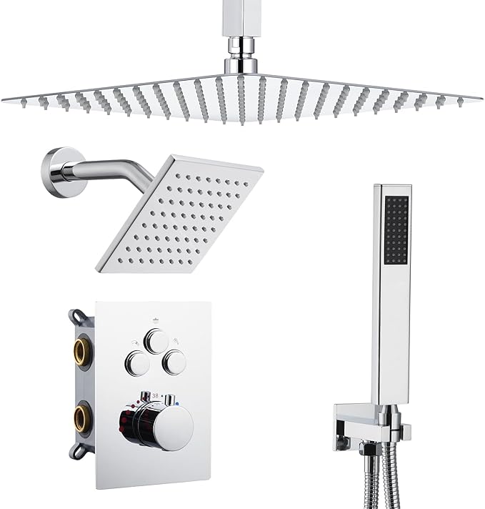 Thermostatic Dual Shower Heads System with Ceiling 12-Inch Rainfall Shower & Wall Mount 6-Inch High Pressure Shower Head, Bathroom Chrome Shower Faucet Set with Handheld Sprayer