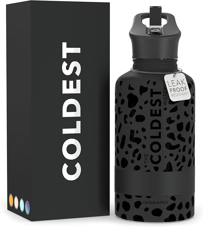 Coldest Sports Water Bottle - 64 oz(Straw Lid), Leak Proof, Vacuum Insulated Stainless Steel, Hot Cold, Double Walled, Thermo Mug, Metal Canteen (64 oz, Black Leopard)