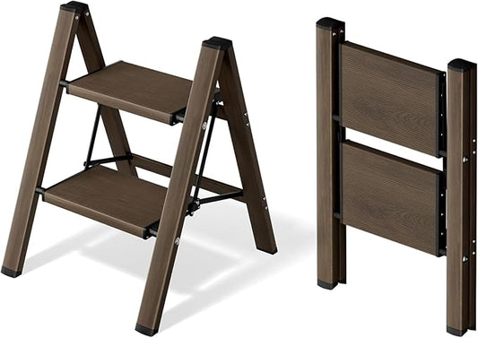 2 Step Ladder,Aluminum Folding Step Stool for Adults,Step Ladder with Wide Anti-Slip Pedal,330 lbs Capacity for Home,Office,Kitchen,Library(Walnut)