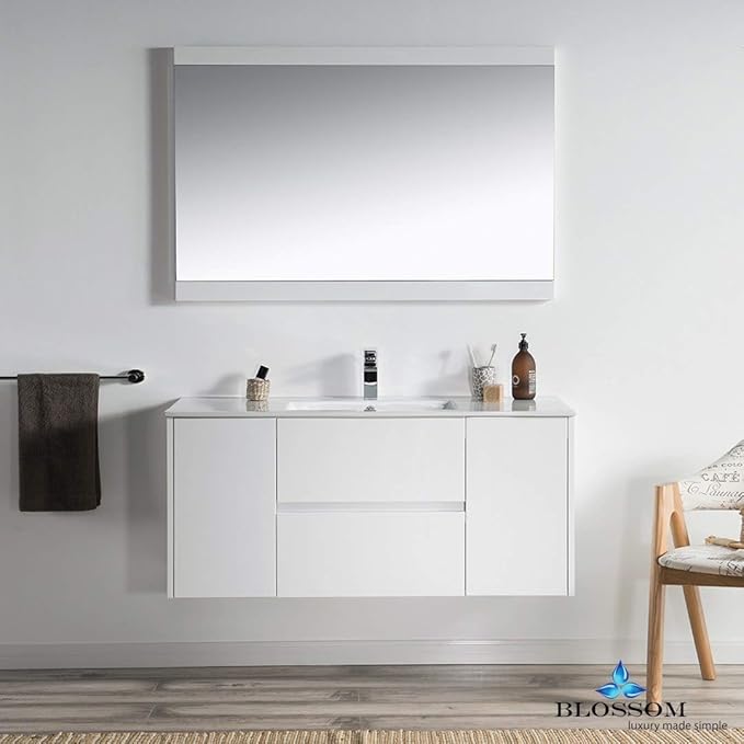 Blossom Single Bathroom Vanity with Ceramic Sink and Mirror | All Wood Floating Vanity Cabinet | 2 Doors and Soft-Closing U-Shaped Cutout Drawers| 48" w/Ceramic Sink and Mirror, Glossy White