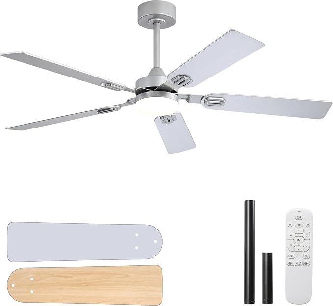 Ceilling Fans with Lights 52 Inch,6 Speeds Dimmable LED Silver Ceiling Fan with Remote,Reversible Quiet DC Motor Bedroom Ceiling Fan with Remote Control,Indoor Outdoor Ceiling Fan for Patios