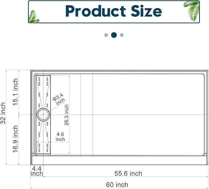 ELEGANT 60'' L x 32'' W x 4'' H Shower Base with 304 Left Trench Stainless Steel Drain Solid Surface Shower Pan White Including Drain Cover