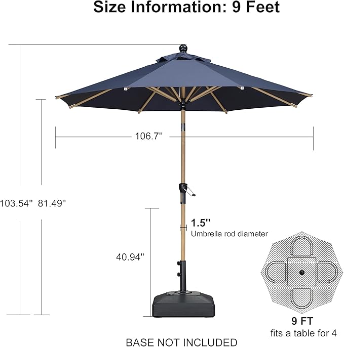 PURPLE LEAF 9 Feet Patio Umbrella Outdoor Table Umbrella Aluminum Round Market Umbrella with Push Button Tilt & 8 Sturdy Ribs and Crank Commercial Sun Umbrella for Garden Patio Balcony, Navy Blue