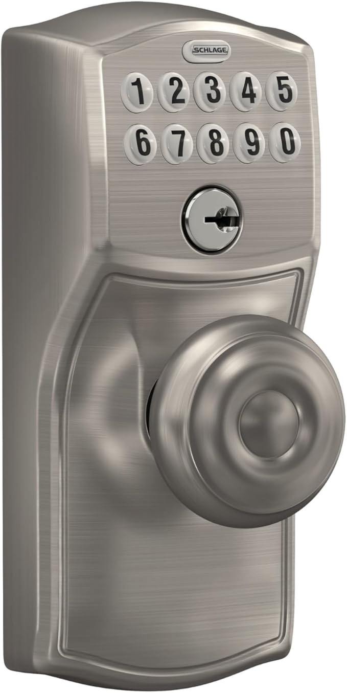 SCHLAGE FE595 CAM 619 GEO Camelot Keypad Entry with Flex-Lock and Georgian Style Knobs, Satin Nickel