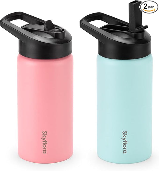 Kids Water Bottle with Straw 2 Pack, 16oz Water Bottles Bulk, Single Wall 18/8 Stainless Steel, Dishwasher Safe & Leakproof, Reusable Gift for Girls Boys to School Sports Travel Camping, Pink & Green