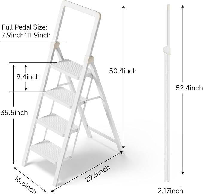 Step Ladder 4 Step Folding Stool with Anti-Slip Widened Sturdy Pedal and Handgrip, Portable and Multi-Use Iron Stepladder for Home, Kitchen, 300 lbs Capacity -White