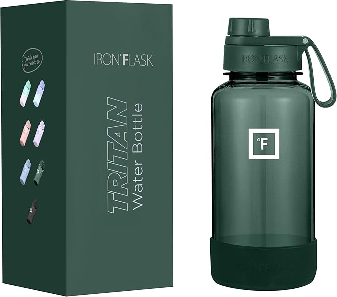 IRON °FLASK Clear Tritan Trekker Water Bottle with Chug Lid & Rubber Boot - Leak Proof & Lightweight for Gym, Hiking, Sports - Dishwasher Safe, BPA Free Plastic - Dark Pine, 32 Oz