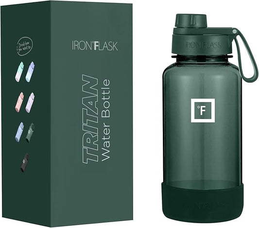 IRON °FLASK Clear Tritan Trekker Water Bottle with Chug Lid & Rubber Boot - Leak Proof & Lightweight for Gym, Hiking, Sports - Dishwasher Safe, BPA Free Plastic - Dark Pine, 32 Oz