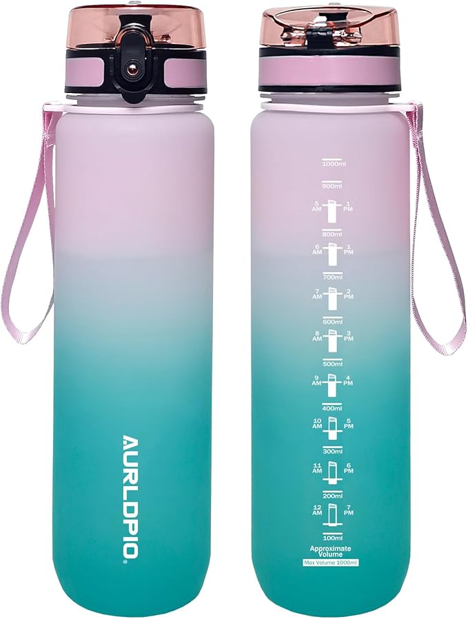 32oz/1L Water Bottle, Sports Water Bottle with Times to Drink & Lock Cover+Strainer,BPA-Free, Leakage Proof, Sports Drink Bottle for Bicycle, Outdoor, Gym, School, Reusable Daily (Pink-blue)