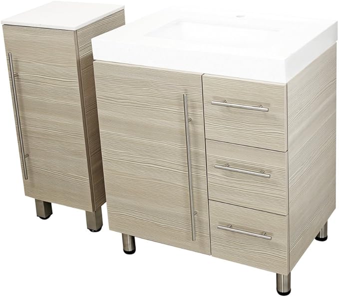 30" Freestanding Bathroom Vanity, Tan. White Integrated Countertop