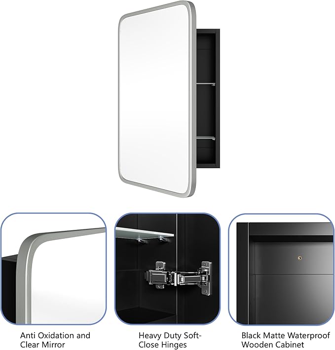 Vintage-Style Bathroom Wood Black Cabinet with 16.5''x24'' Brushed Nickel Metal Frame Curved Mirror, Recessed Medicine Cabinet, Bathroom Storage Cabinet