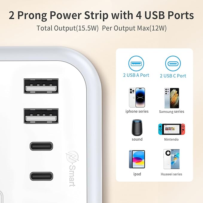 NTONPOWER 10FT Extension Cord with Surge Protector, 2 Prong to 3 Prong Adapter, 1875W Power Strip with 4 USB Ports (2 USB C), Wall Mount Flat Plug Extension Cord for Old House