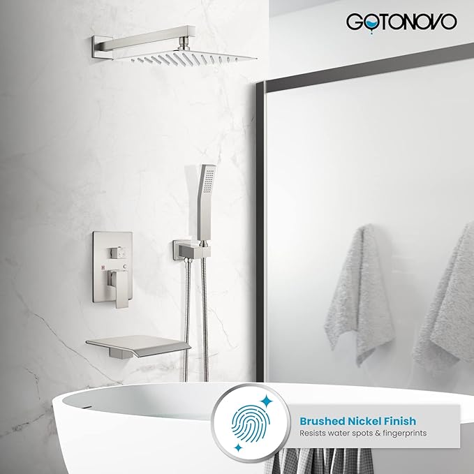 gotonovo Rain Shower Faucet System Set Rainfall Shower Head with Handheld Sprayer Waterfall Tub Spout Wall Mounted Mixer Combo Rough-in Valve and Trim Included 12 Inch Showerhead Brushed Nickel