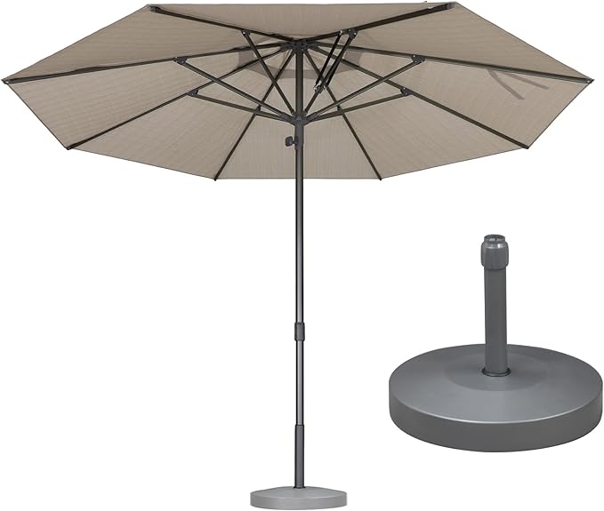 PURPLE LEAF 11.5 FT Semi-Auto Outdoor Patio Umbrella with Base Market Table Sun Umbrellas with 8 Aluminum Sturdy Ribs for Backyard Deck Garden Pool (Gray Pole Beige Canopy)