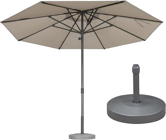 PURPLE LEAF 11.5 FT Semi-Auto Outdoor Patio Umbrella with Base Market Table Sun Umbrellas with 8 Aluminum Sturdy Ribs for Backyard Deck Garden Pool (Gray Pole Beige Canopy)