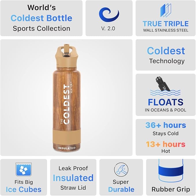 Coldest Sports Water Bottle with Straw Lid Vacuum Insulated Stainless Steel Metal Thermos Bottles Reusable Leak Proof Flask for Sports Gym (40 oz, Executive Wood)