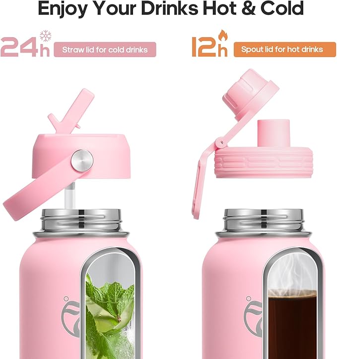 HydroPal Insulated Water Bottles 40 oz with 2 Leak Proof Lids & Water Bottle Holder, Wide Mouth Sport Water Bottle with Straw, Reusable Stainless Steel Water Flask, Double Walled Vacuum Thermos