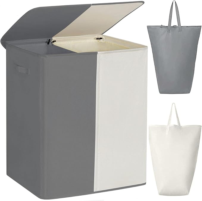 WOWLIVE Double Laundry Baseket with Lid and Removable Laundry Bags,154L Large Laundry Hamper 2 Section Collapsible Dirty Clothes Hamper for Laundry Room,College Dorm,Bathroom,Grey and Beige