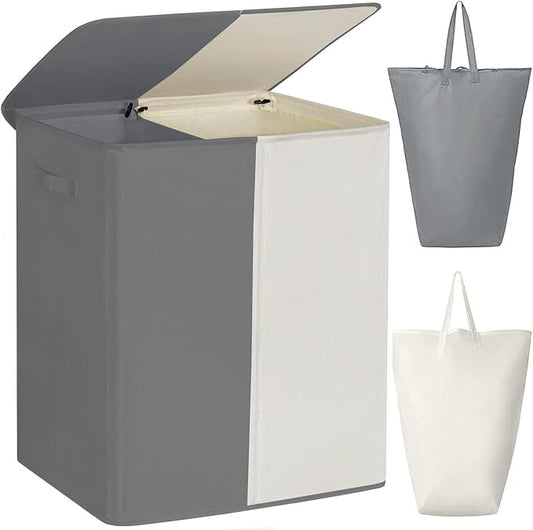 WOWLIVE Double Laundry Baseket with Lid and Removable Laundry Bags,154L Large Laundry Hamper 2 Section Collapsible Dirty Clothes Hamper for Laundry Room,College Dorm,Bathroom,Grey and Beige