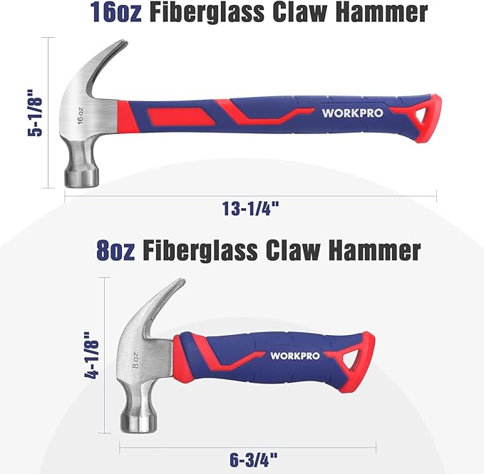 WORKPRO 2-Piece Claw Hammer Set, 8 oz Mini Stubby & 16 oz Fiberglass General Purpose, Soft Nonslip Handle & Heat Treated Head
