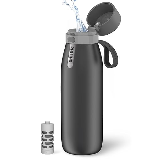 PHILIPS Filtered Water Bottle, Insulated Stainless Steel Water Purifier Bottle for Daily Life & Travel, BPA Free with GoZero Everyday Filter for Cleaner & Tastier Tap Water, Keeps Cold, 32 oz Gray