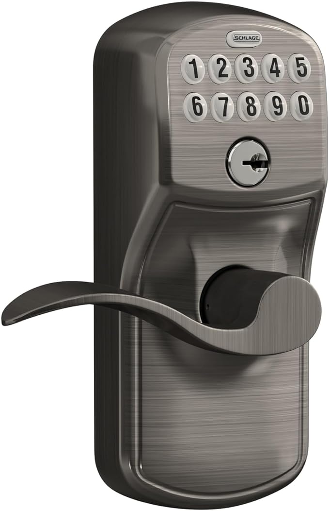 Schlage Plymouth Keypad Entry with Flex-Lock and Accent LeverKnob, Antique Pewter, FE595 PLY 620 Acc