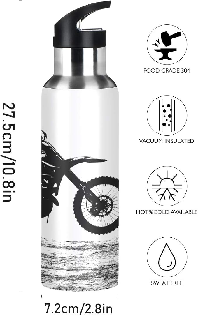 Motocross Rider Water Bottle with Straw Lid for Fitness Gym Camping Outdoor Sports, Wide Mouth Vacuum Insulated 18/8 Stainless Steel, 22 oz