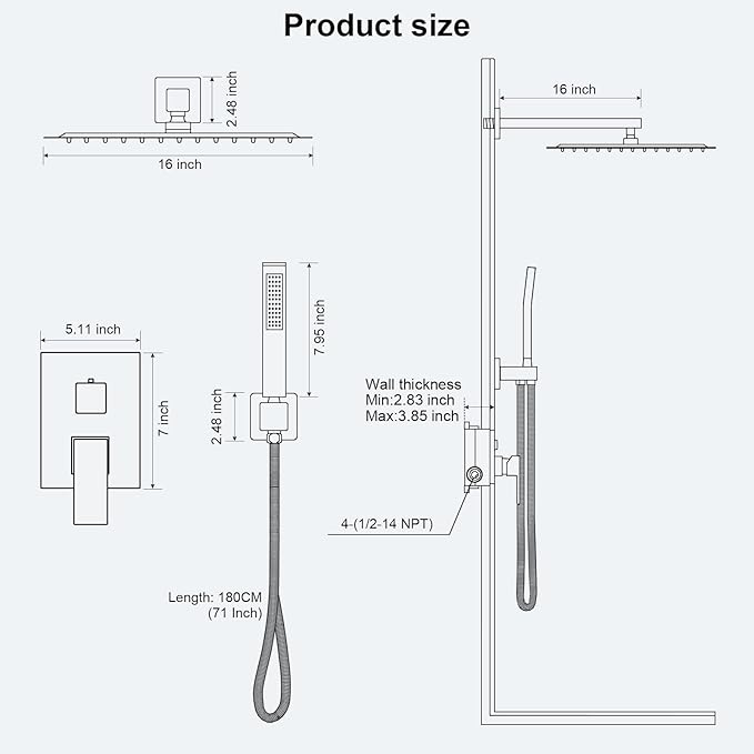 Black Shower Faucet Set, Rainfall Shower System with Square Shower Head and Handle Set, Wall Mounted Shower Fixtures, Full Metal Trim Repair Kit 16 inch Matte Black (With Shower Valve)