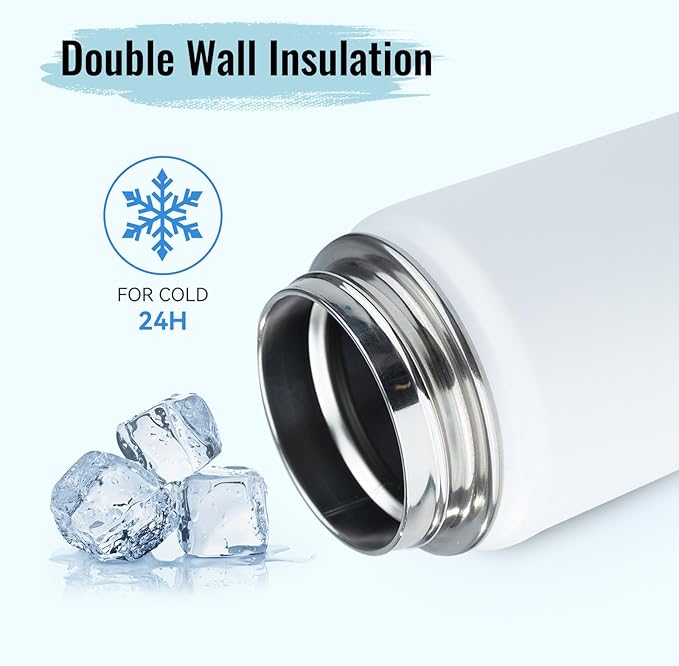 Stainless Steel Water bottle with Straw & Wide Mouth Lid, Wide Rotating Handle, 18oz Double Wall Vacuum Insulated Water Bottle Leak Proof, BPA Free, Keep Cold and Hot, 18oz, White