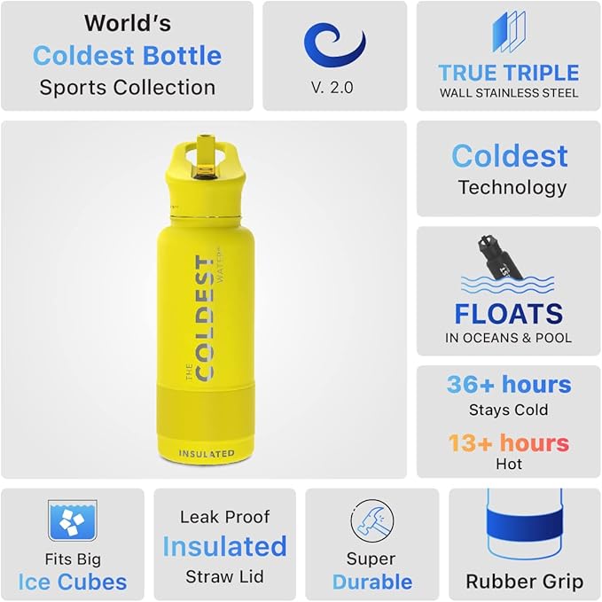 Coldest Sports Water Bottle with Straw Lid Vacuum Insulated Stainless Steel Metal Thermos Bottles Reusable Leak Proof Flask for Sports Gym (Solar Yellow, 32 oz)