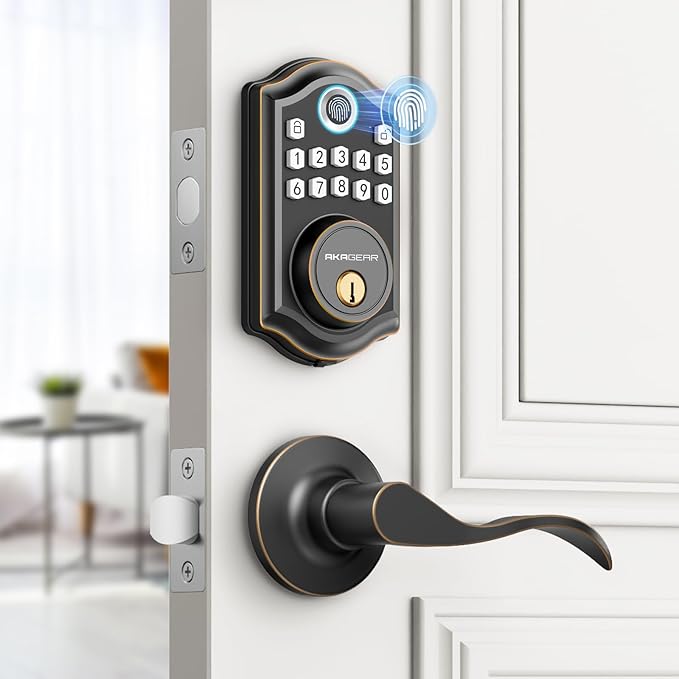 DS10 Keyless Entry Door Lock with Handle - 2 Lever Handles, Fingerprint Door Lock, Keypad Deadbolt, 2 Keys, Code, Smart Locks for Front Door, Auto-Lock, Easy Installation - Oil Rubbed Bronze
