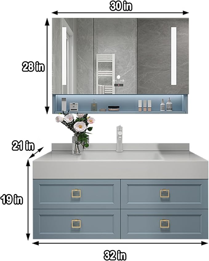 32IN Floating Bathroom Vanity - Bathroom Vanity with Sink with 6 Drawers & Multifunctional LED Mirror Cabinet | Textured Metal Handles & Large Storage Capacity & Waterproof Design, Blue