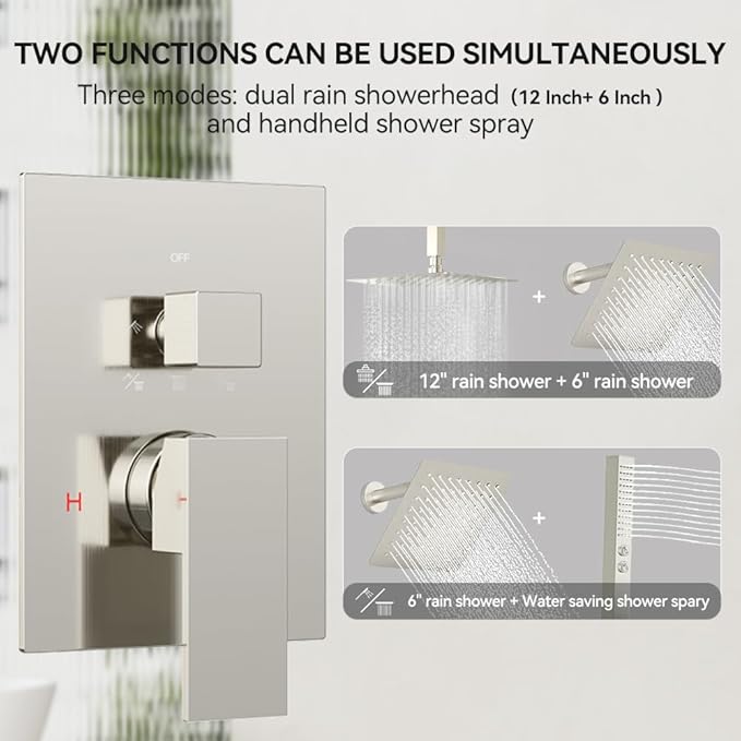 Rain Shower System Brushed Nickel,STARBATH Ceiling Mount 12'' Rain Shower Head and 6'' Rainfall Shower with Handheld Spray, 3 Way Shower Valve with 5 Diverter and Trim Kit Shower Faucet Set