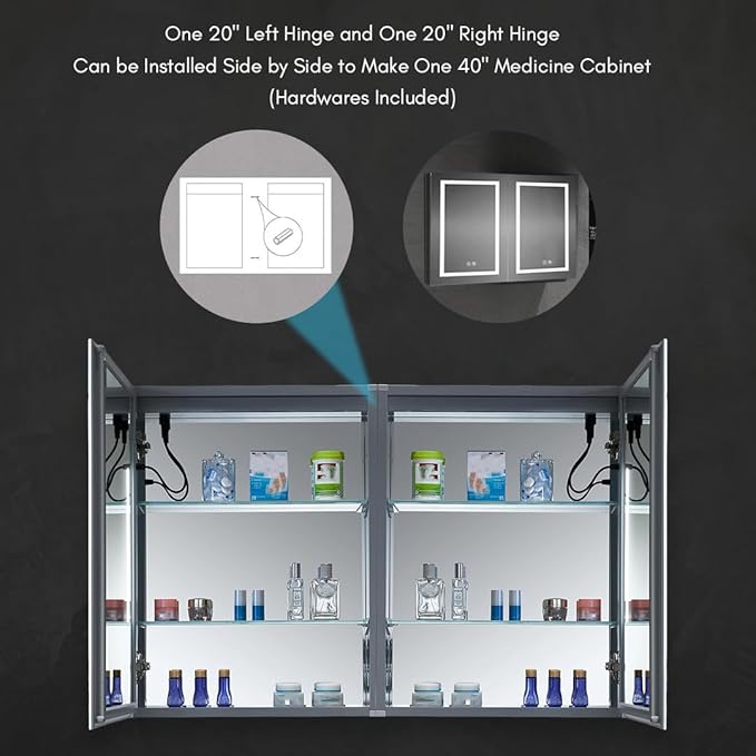 Blossom LED Lighted Medicine Cabinet Mirror for Bathroom 20x26 Inch - Left Hinge Recessed/Surface Mount - LED Mirror Cabinet with Lights - Defogger/3 Color Dimmer - Perfect Makeup Vanity