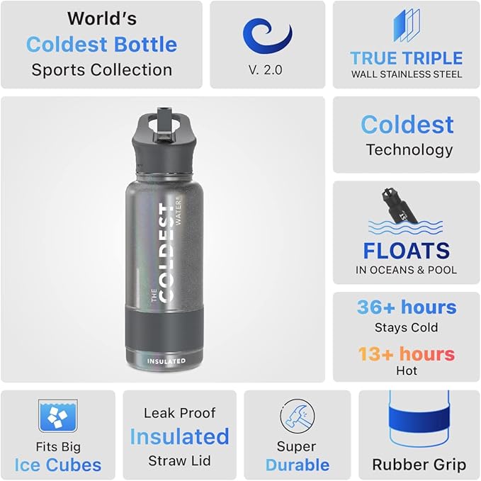 Coldest Sports Water Bottle with Straw Lid Vacuum Insulated Stainless Steel Metal Thermos Bottles Reusable Leak Proof Flask for Sports Gym(32 oz, Stardust Glitter)