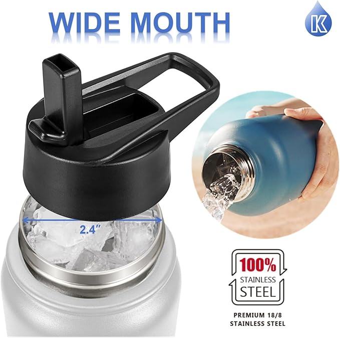 Water Bottle Insulated 32oz Straw Lid, Leak Proof, Vacuum Insulated,Stainless Steel Water Bottle Wide Mouth for Sports, Gym, BPA-Free Keep Cold 24H Hot 12H (Blue Pink)