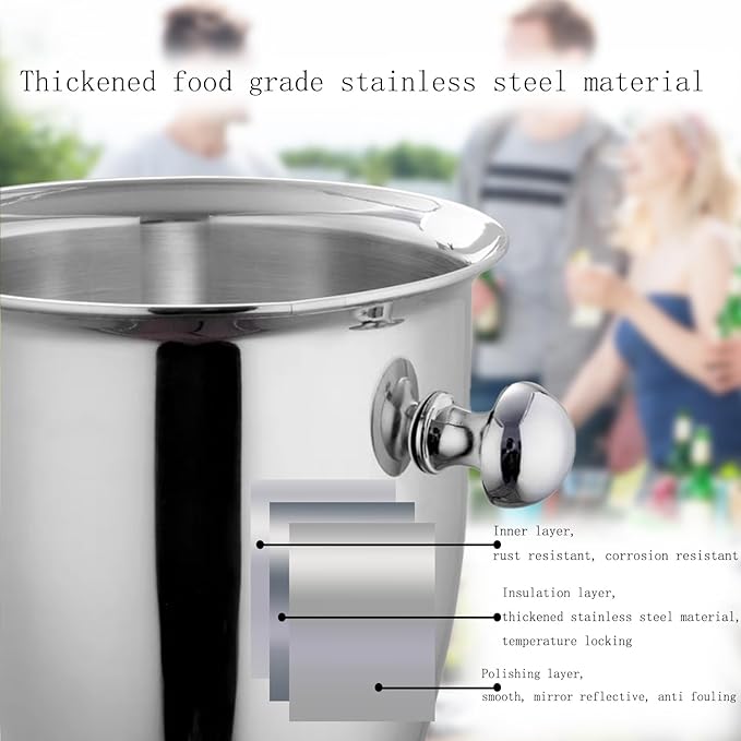 Ice Bucket with Ice Tongs - 5L Ice Bucket for Party Stainless Steel Wine cooler Drink Tub Cooler for Partiy Champagne Ice Bucket with Handle for Family Bar Ktv Outdoor & Indoor Silvery