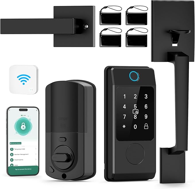 Wi-Fi Smart Deadbolt Lock with Handle Sets, Keyless Entry Door Lock for Front Door, Compatible with Alexa & Google Assistant, Auto Locking-Black