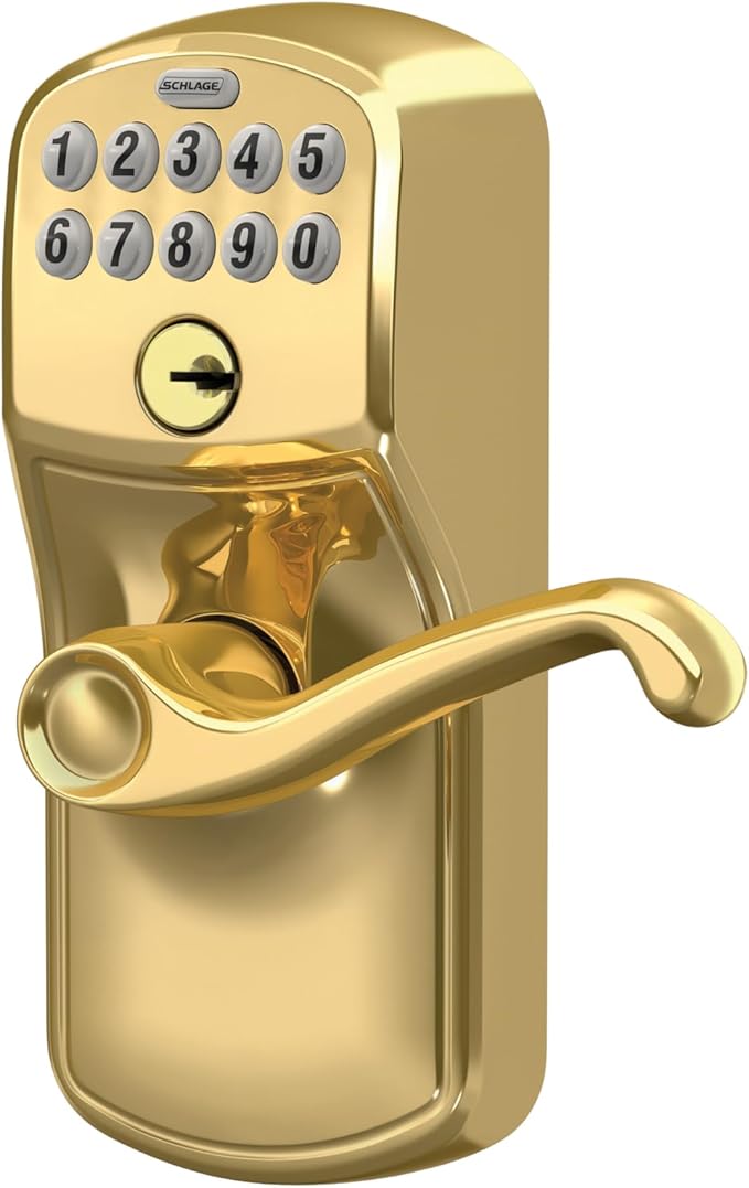 SCHLAGE FE595 PLY 505 FLA Plymouth Keypad Entry with Flex-Lock and Flair Style Levers, Bright Brass