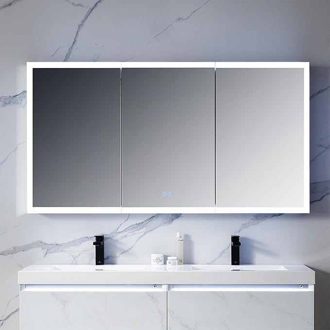 Blossom LED Mirror Medicine Cabinet with Lights, 60x32 Inch | Wall Mounted LED Lighted Bathroom Medicine Cabinet | Recessed or Surface with Defogger, 3 Color Dimmer | Makeup Mirror with Lights