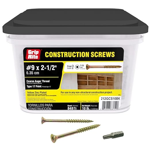 Grip Rite 212GCS10BK #9 by 2-1/2-inch Type 17 Coarse Auger Thread Yellow Zinc Plated T-25 Star Drive Construction Screws 848 Count, 10lbs.