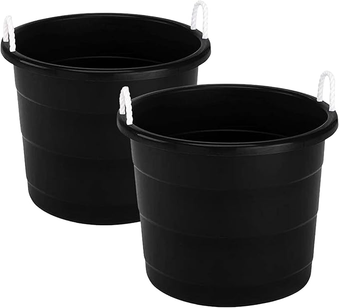Homz 18 Gallon Plastic Multipurpose Utility Storage Bucket Tub with Strong Rope Handles for Indoor and Outdoor Use, Black, (2 Pack)