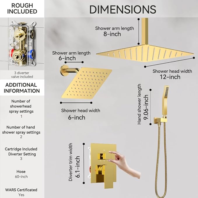 Brushed Gold Shower System, STARBATH 12+6" Multi Head Shower Set with Handheld Spray for Couples, Ceiling Mount Rainfall Shower Faucet Set with 3 Way Shower Valve with 5 Diverter and Trim Kit Complete