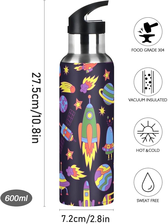 Outer Space Rocket Space Ship Ufo Stainless Steel Water Bottle with Straw Lid - 20 Oz Sports Insulated Water Bottle Thermos for Sport Gym Outdoor Travel School
