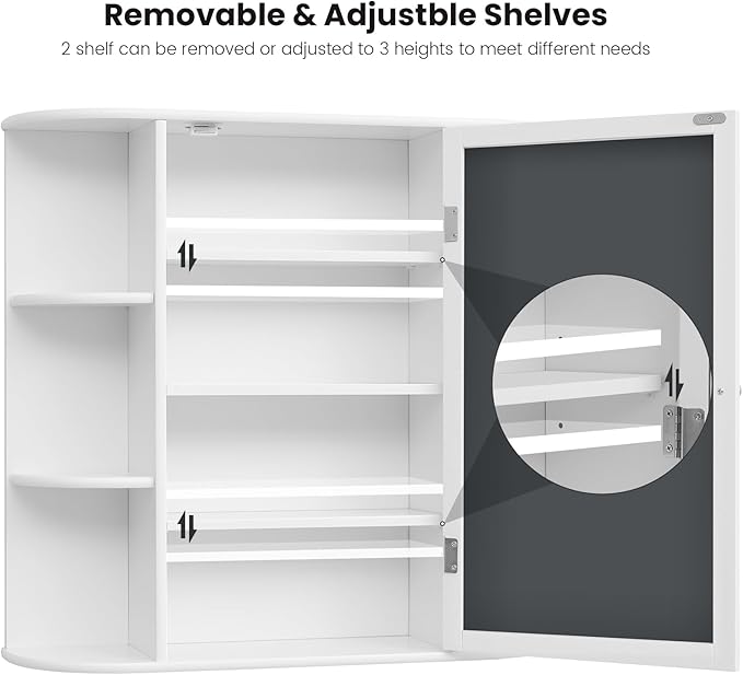 Iwell Bathroom Medicine Cabinet with Mirror, Bathroom Wall Cabinet with 2 Adjustable Shelves & 6 Open Shelves, Medicine Cabinet Organizer, Bathroom Cabinet Wall Mounted, White