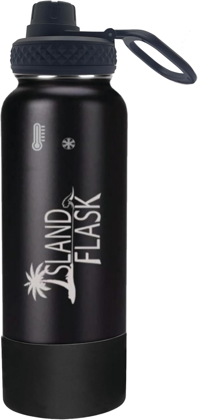 Island Flask- 40oz Double Wall Insulated Sports Water Bottle with one screw lid and one silicone boot.Keeps your drink COLD for up to 24 hours, and HOT for up to 12 hours.