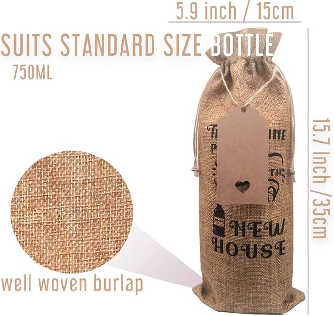 GIFTED LUGAR New House Gift Wine Bag, House Warming Presents for Women, Welcome to the Neighborhood Gift, Housewarming Gifts for Men, W/Drawstring & Tag (Jute Wine Bag) (2 pcs)