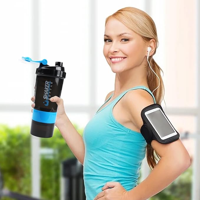 Shaker Bottle - Protein Shaker Cup with Storage Compartments - Leak-proof Workout Shake Bottles with Mixer for Smooth Mixing-500ML/16oz (BLUE & BLACK)