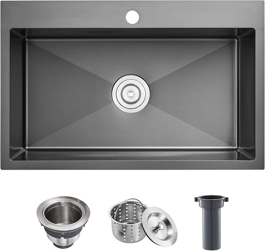 POPFLY Kitchen Sink, 28×20 Inch Drop In 18 Gauge Handmade SUS 304 Top mount Stainless Steel 9 Inch Deep Single Bowl Kitchen Sinks, Black