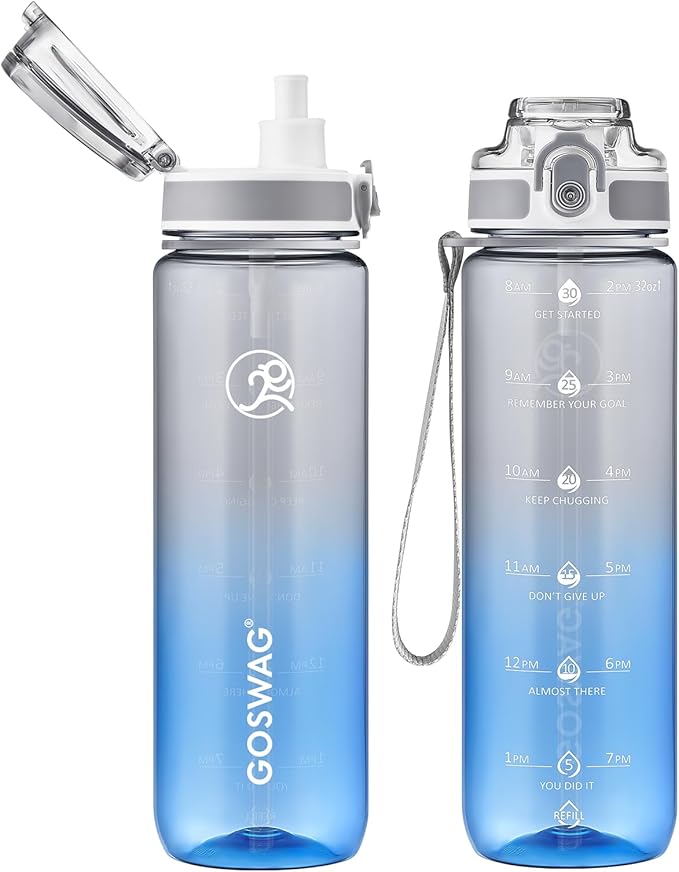 GOSWAG Water Bottles, 32 oz Motivational Sports Water Bottle with Straw and Time Marker to Remind You to Drink, Comes with Carry Strap, Leakproof